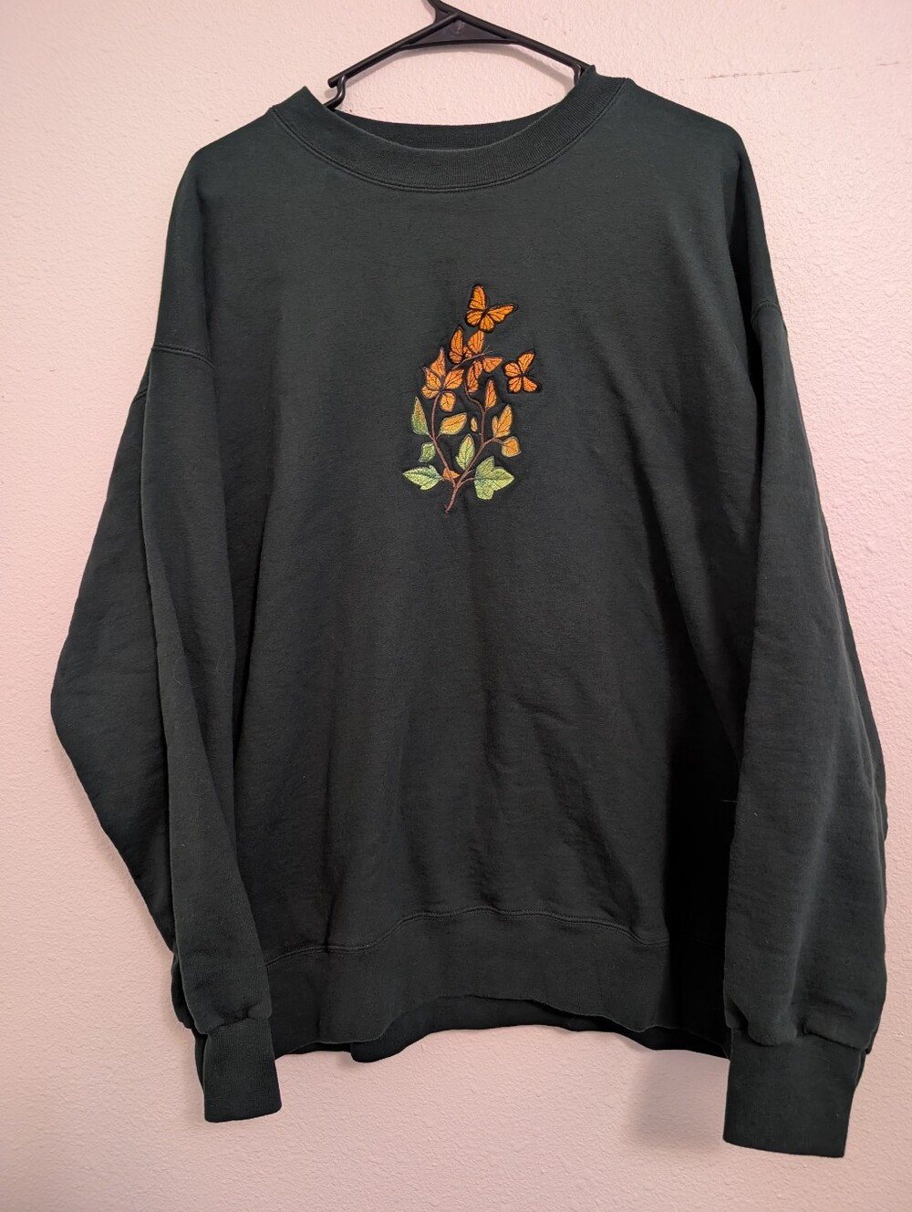 Hanes Dark Green Crewneck Sweatshirt with Orange Butterfly Embroidery